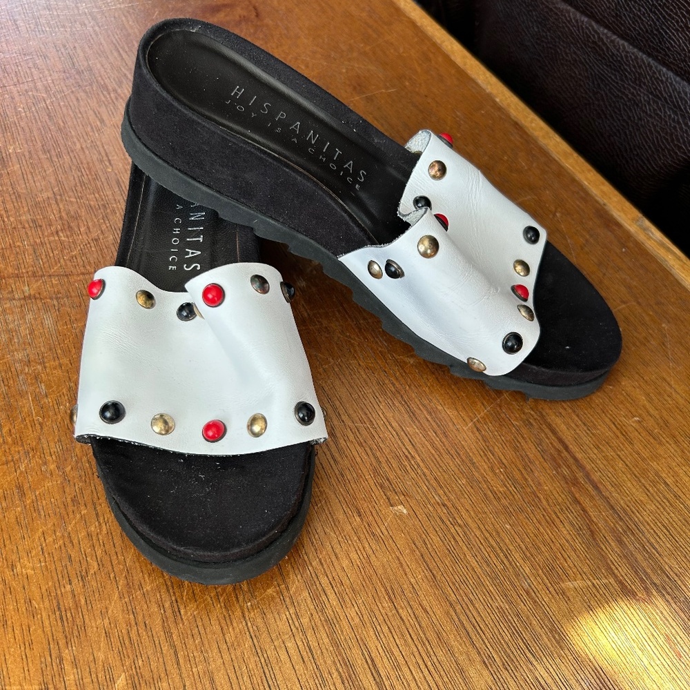 White Leather Slip on Wedge Sandals with red and gold accents